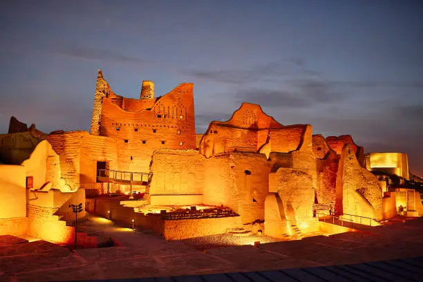 Illuminated 18th-century mud-brick architecture that served as original home of Saudi royal family and is now UNESCO World Heritage Site. Property release attached.