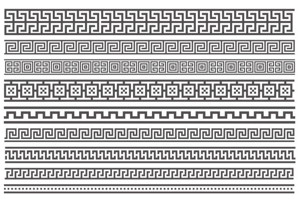 Greek style seamless frames. Geometric border set. Vector ornament pattern. Mediterranean decor elements. Greek style seamless frames. Geometric border set. Vector ornament pattern. Mediterranean decor elements roman empire vector stock illustrations