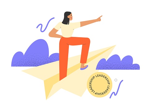 Concept of leadership. Flat vector illustration with business woman standing on a paper airplane. Career success, promotion, goal achievement.