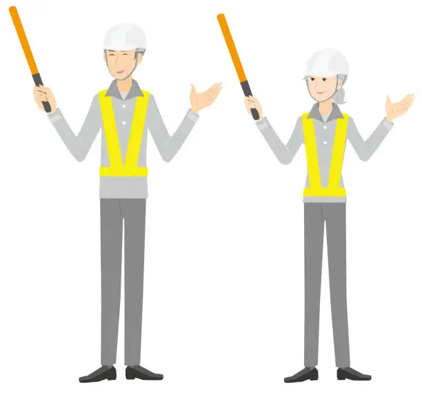 Vector illustration of Senior men and women working part-time in traffic guidance