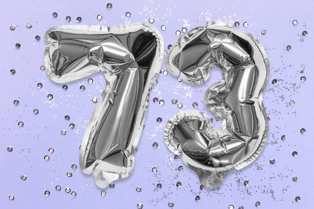 istock Silver foil balloon number, digit seventy three on a lilac background with sequins. Birthday greeting card 1391168090