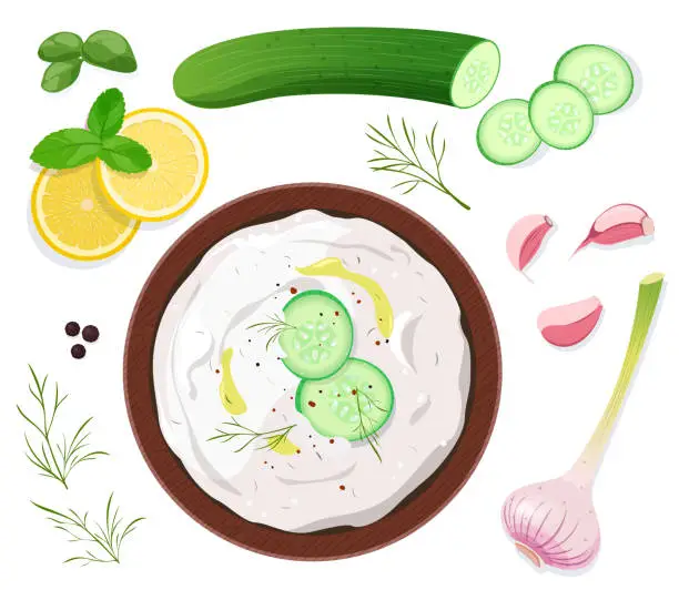 Vector illustration of Tzatziki sauce with ingredients on white background