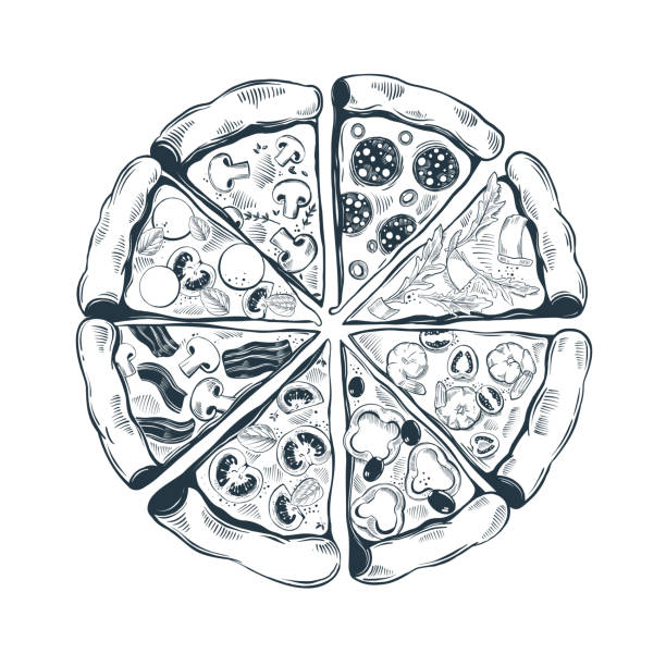 ilustrações de stock, clip art, desenhos animados e ícones de hand drawn pizza slices with different toppings - pepperoni