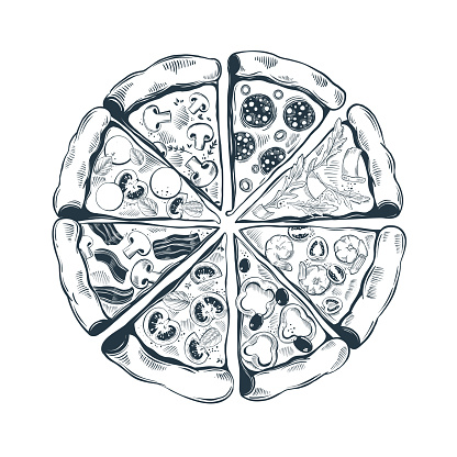 Hand drawn pizza slices with different toppings. Top view. Vector illustration on white background
