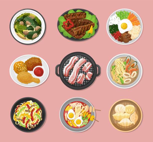 Korean food top view. Vegetarian dinner lunch, meal in bowl and plates. Asian bbq, traditional oriental kimchi soup and noodles, neoteric vector kit Korean food top view. Vegetarian dinner lunch, meal in bowl and plates. Asian bbq, traditional oriental kimchi soup and noodles, neoteric vector kit. Illustration of lunch asian and korean dinner oriental food stock illustrations