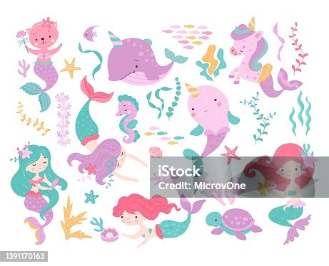istock Sea cartoon unicorn. Mermaid character, fish and seahorse. Cartoon cat with mermaids tail, underwater turtle and creature. Mythical nowaday vector sea kit 1391170163