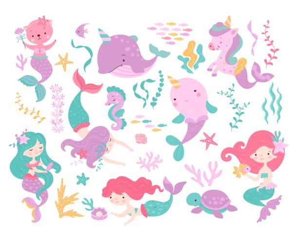 Sea cartoon unicorn. Mermaid character, fish and seahorse. Cartoon cat with mermaids tail, underwater turtle and creature. Mythical nowaday vector sea kit Sea cartoon unicorn. Mermaid character, fish and seahorse. Cartoon cat with mermaids tail, underwater turtle and creature. Mythical nowaday vector sea kit. Illustration of mermaid cute design little cute cartoon fantasy unicorn stock illustrations