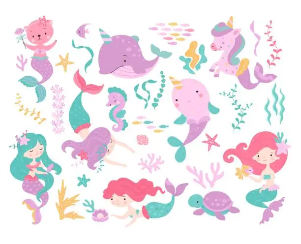 Vector illustration of Sea cartoon unicorn. Mermaid character, fish and seahorse. Cartoon cat with mermaids tail, underwater turtle and creature. Mythical nowaday vector sea kit