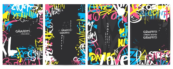 Graffiti posters. Street walls art banner, marker ink paint urban design. Neon colors drawing, spray and scribble elements. City style vector background. Illustration of graffiti lettering banner