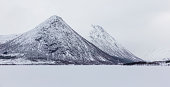 Snowy landscape at Lofoten Islands near Blokken  in Norway.