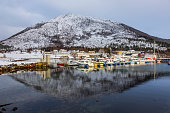 Snowy landscape at Lofoten Islands near Blokken  in Norway.