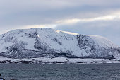 Snowy landscape at Lofoten Islands near Blokken  in Norway.