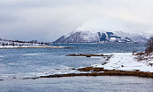 Snowy landscape at Lofoten Islands near Blokken  in Norway.