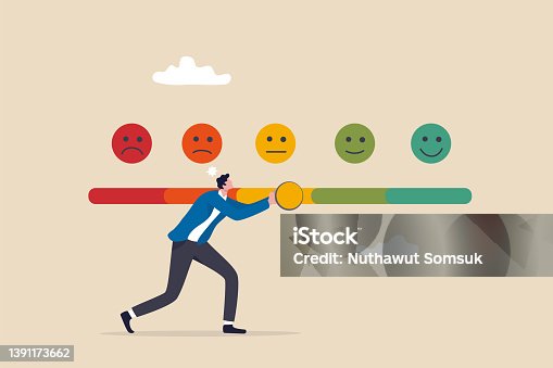 istock Customer feedback giving rating based on experience or quality from product and service, survey, opinion and review to evaluate result, man trying to push customer feedback bar to be excellent smile. 1391173662