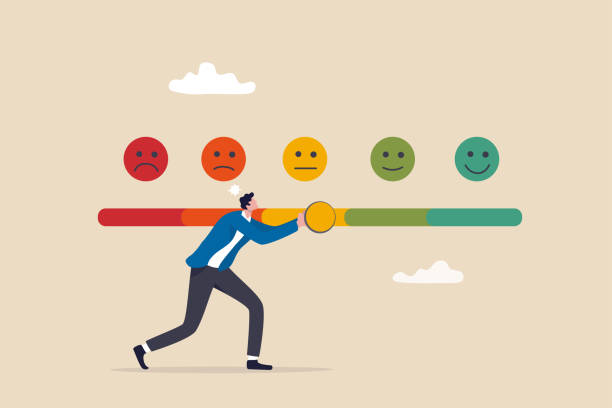 Customer feedback giving rating based on experience or quality from product and service, survey, opinion and review to evaluate result, man trying to push customer feedback bar to be excellent smile. Customer feedback giving rating based on experience or quality from product and service, survey, opinion and review to evaluate result, man trying to push customer feedback bar to be excellent smile. happy and sad worker stock illustrations
