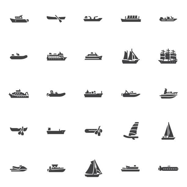 Ships and boats vector icons set Ships and boats vector icons set, modern solid symbol collection, filled style pictogram pack. Signs, logo illustration. Set includes icons as sailboat, submarine, cargo ship, cruise liner, rowboat catamaran sailing boats stock illustrations