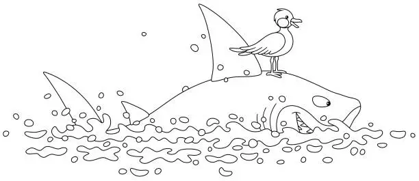 Vector illustration of Great white shark and a small seagull