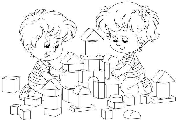 ilustraciones, imágenes clip art, dibujos animados e iconos de stock de niños pequeños jugando con ladrillos en una sala de juegos - niña y niño libro para colorear