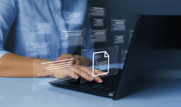 Business person working at laptop computer and digital documents with checkbox lists. Law regulation and compliance rules on virtual screen concept. stock photo