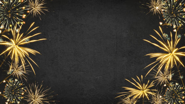 happy new year 2023 - festive silvester new year's eve party background greeting card - golden fireworks in the dark black night - nieuwjaar stockfoto's en -beelden