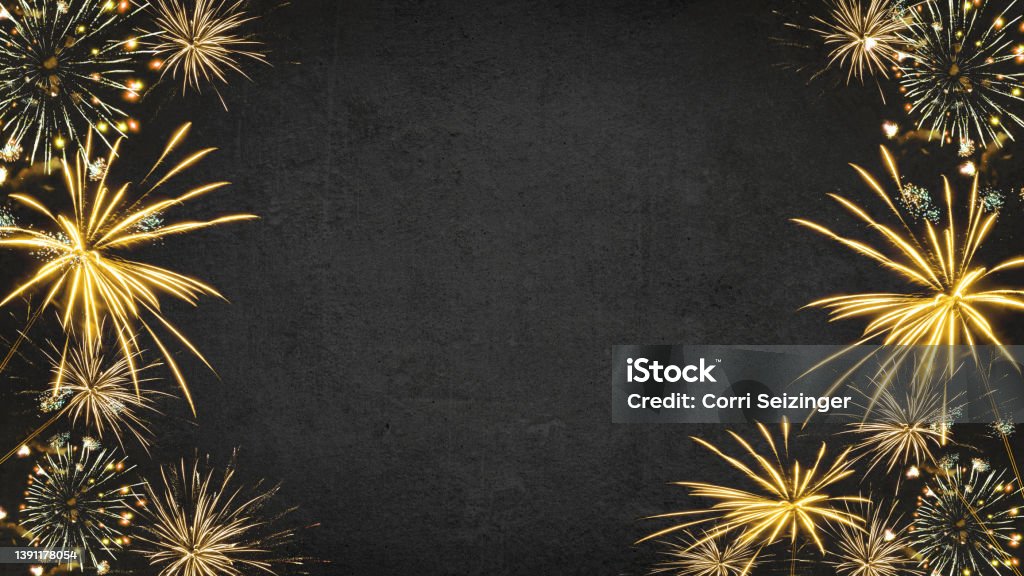 HAPPY NEW YEAR 2023 - Festive silvester New Year's Eve Party background greeting card - Golden fireworks in the dark black night 2023 Stock Photo