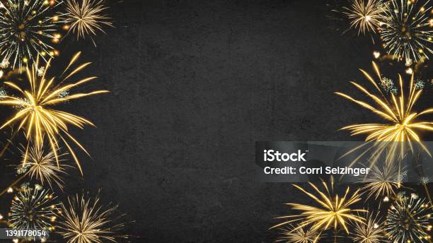 Happy New Year 2023 Festive Silvester New Years Eve Party Background Greeting Card Golden Fireworks In The Dark Black Night Stock Photo - Download Image Now