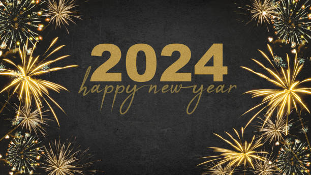 HAPPY NEW YEAR 2024 - Festive silvester New Year's Eve Party background greeting card - Golden fireworks in the dark black night HAPPY NEW YEAR 2024 - Festive silvester New Year's Eve Party background greeting card - Golden fireworks in the dark black night 2024 stock pictures, royalty-free photos & images