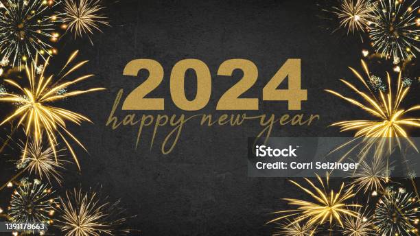Happy New Year 2024 Festive Silvester New Years Eve Party Background Greeting Card Golden Fireworks In The Dark Black Night Stock Photo - Download Image Now