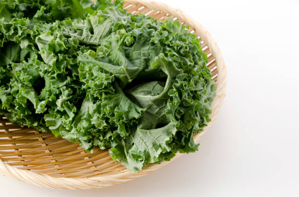 istock Fresh Curly green kale on bamboo sieve on white background 1391179613