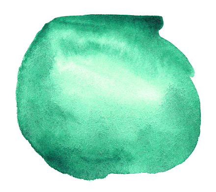 Mint green watercolor hand drawn stain on white paper grain texture. Abstract water color artistic brush paint splash background