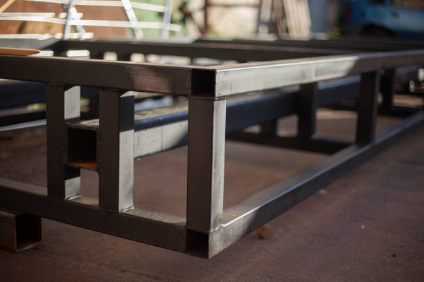 Steel stand for installing billboard. Details of production of strong structures. Large steel profile. stock photo