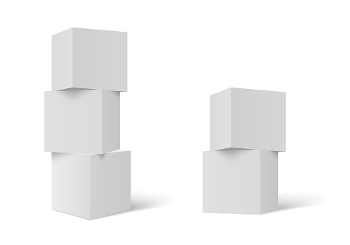Three 3D stacked cubes. Column of white cubes. Geometric shapes background.