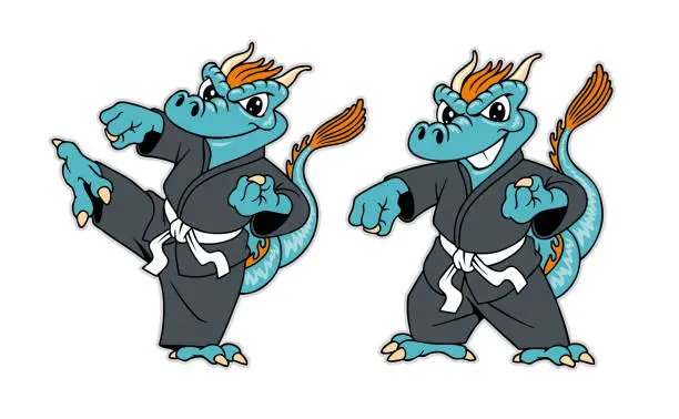 Vector illustration of Cute dragon in kimono, vector illustration. Karate or kung fu team mascot.