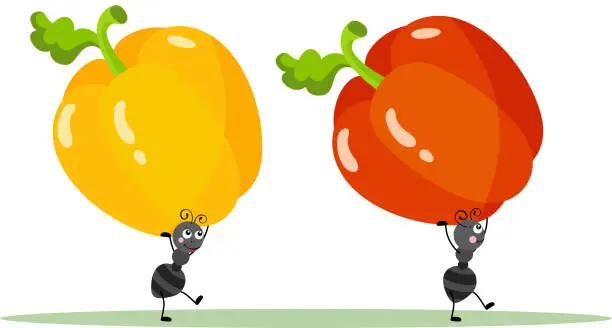 Vector illustration of Cute ants carrying a yellow and red sweet bell peppers