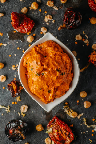 bowl with typical Catalan romesco sauce stock photo