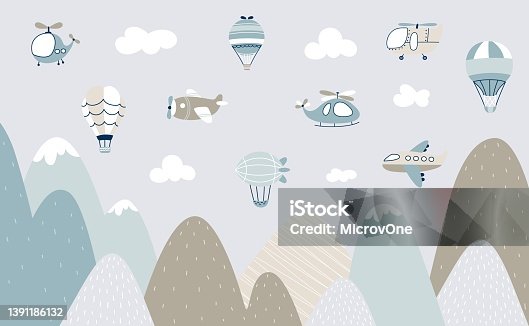 istock Scandinavian style kids landscape. Aircraft flying over mountain, childish banner with air transport and rocks. Nursery print, cartoon nowaday vector background 1391186132