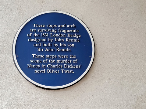 Plaque identifying original London Bridge elements, this is on the South Bank of the Thames in London, England, UK.