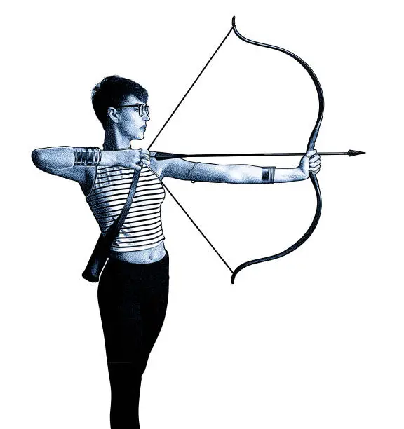 Vector illustration of Young woman aiming bow and arrow