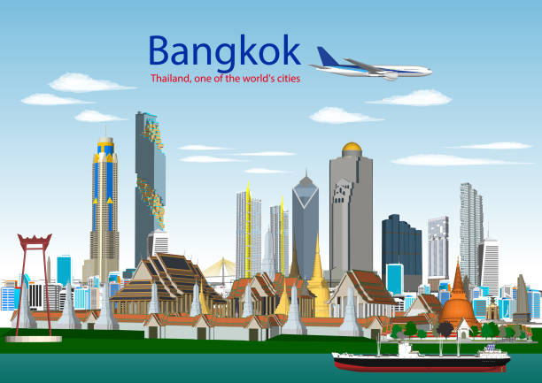 city ​​bangkok beautiful illustration vector bangkok night skyline (Thailand)vector illustration business trip and tourism concept with modern buildings image for banner or website baka stock illustrations