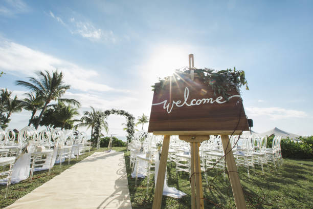 Romantic wedding ceremony. Beautiful setting for outdoors wedding ceremony waiting for bride and groom and guests. Decoration
