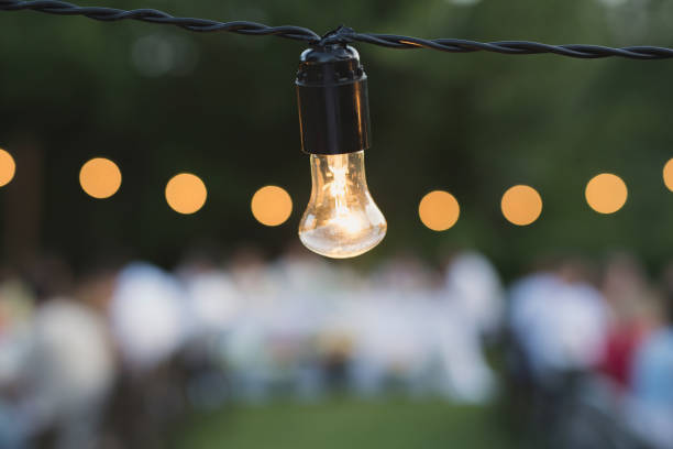 istock Decorative outdoor string lights hanging on a tree in the garden at night. 1391190721