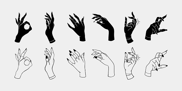 Hand drawn elegant and mystic set of magical female hands. Aesthetic collection, perfect for logo design and branding