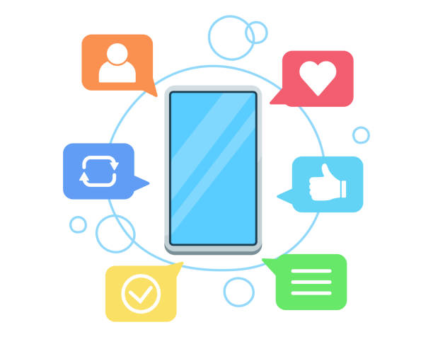 Icons of various reactions on social networking services and illustrations of smart phones . Illustration of social media. Icons of various reactions on social networking services and illustrations of smart phones . Illustration of social media. social media marketing stock illustrations