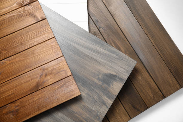 istock Different wooden surfaces for photography on white background, top view 1391196446