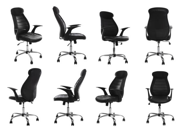 istock Set with black office chairs with leather seats on white background 1391197180