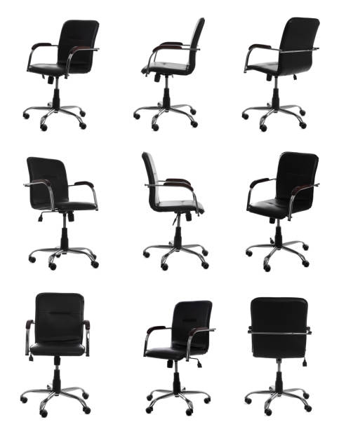 istock Set with black office chairs with leather seats on white background 1391197186