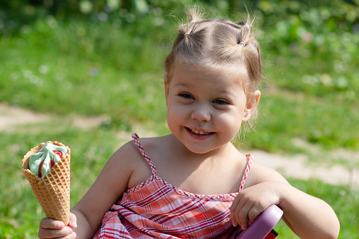 Happy smiling little girl in summer park