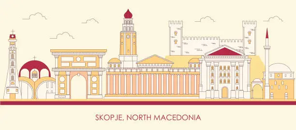 Vector illustration of Cartoon Skyline panorama of city of Skopje, North Macedonia