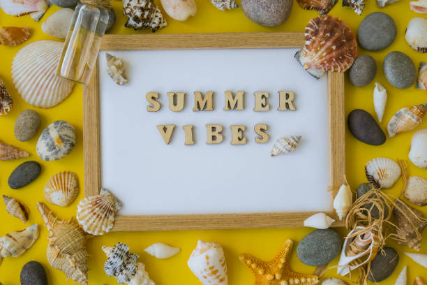 istock Composition sheet white paper text SUMMER VIBES, seashells, pebbles, mockup on yellow background. Blank, top view, still life, flat lay. sea vacation travel concept tourism and resorts 1391200047