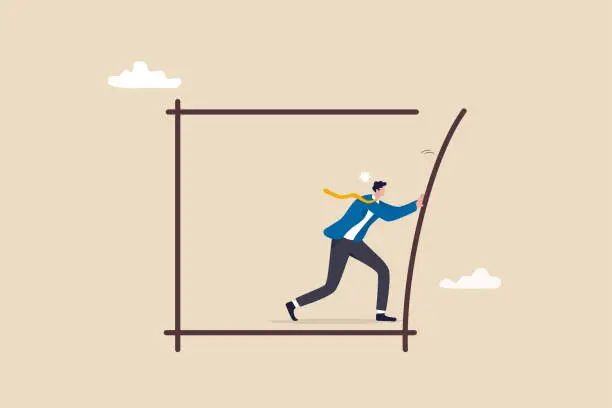 Vector illustration of Pushing limits challenge yourself to overcome boundary, effort and strength to push over limit, attitude to success, get out of comfort zone for freedom, businessman pushing to break boundary box.